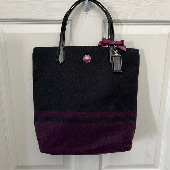 Coach Handbags - Coach Charcoal and Plum Wool Striped Tote Bag
